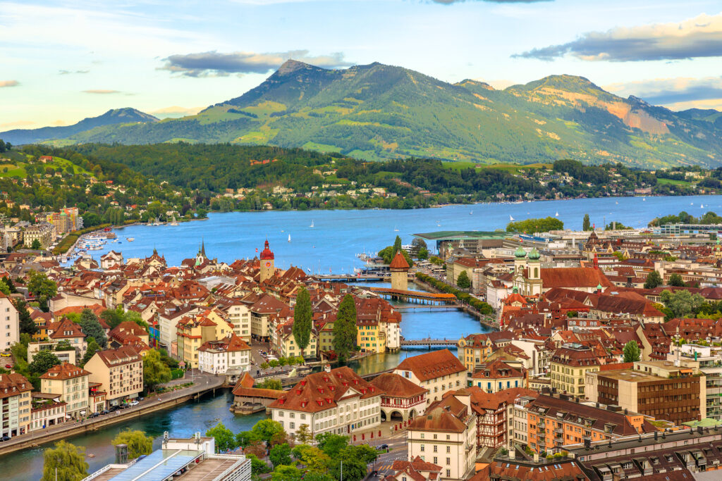 Aerial View Of Lucerne Skyline And Lake Lucerne With Mount Rigi