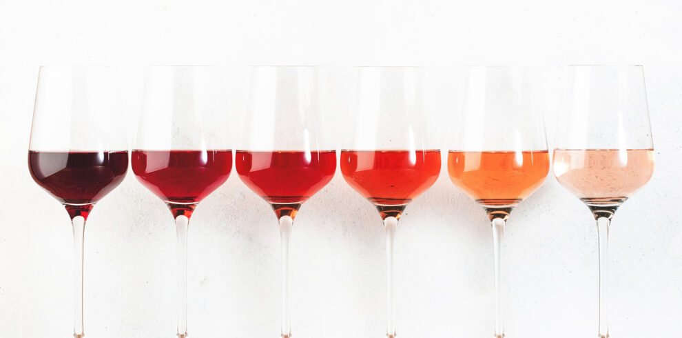 Rose Wine Glasses Set On Wine Tasting. Different Varieties, Colo
